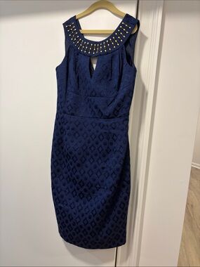 Muse Navy Textured Midi Dress with Gold Studded Neckline